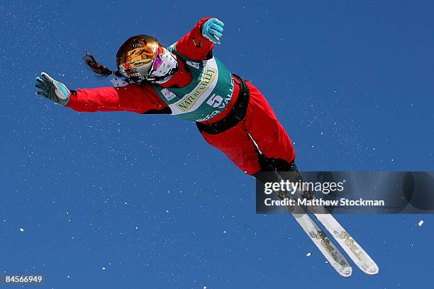 Nina Li of China jumps during practice for qualifications for the aerials during the Visa Freestyle International, a FIS Freestyle World Cup event,...