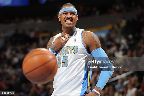 Carmelo Anthony of the Denver Nuggets reacts to a play against the Charlotte Bobcats on January 30, 2009 at the Pepsi Center in Denver, Colorado....