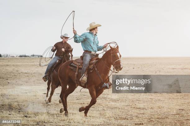 cowboys mit ihren pferden in der prärie zu galoppieren - verfolgen stock-fotos und bilder