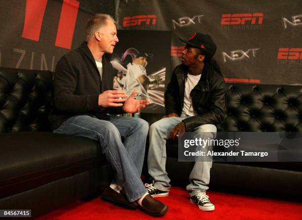 Rapper Lil Wayne interviews ESPN personality Kenny Mayne at ESPN the Magazine's NEXT Big Weekend 2009 Super Bowl Party on January 30, 2009 in Tampa,...