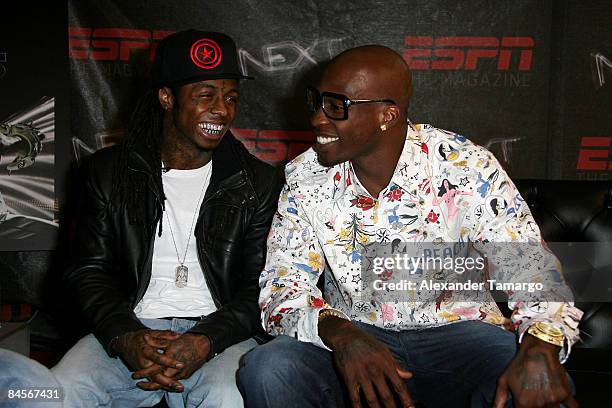 Rapper Lil Wayne interviews NFL wide receiver Chad Ocho Cinco at the ESPN the Magazine's NEXT Big Weekend 2009 Super Bowl Party on January 30, 2009...