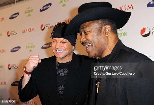 Former boxers Vinny Pazienza and Joe Frazier arrive for the Maxim Magazine Super Bowl XLIII party at The Ritz Ybor on January 30, 2009 in Tampa,...