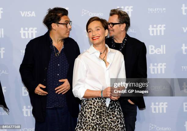 Director Joe Wright, actors Kristin Scott Thomas and Gary Oldman attend "Darkest Hour" press conference during 2017 Toronto International Film...