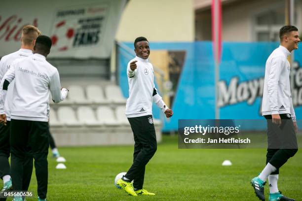 Youssoufa Moukoko of Germany during the warm up for the friendly match between U16 Austria and U16 Germany on September 11, 2017 in Zell am Ziller,...