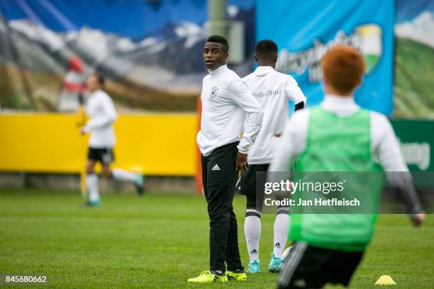 Youssoufa Moukoko of Germany during the warm up for the friendly match between U16 Austria and U16 Germany on September 11, 2017 in Zell am Ziller,...