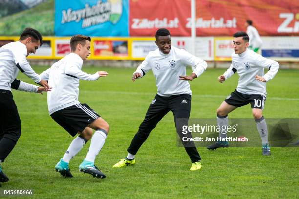 Youssoufa Moukoko of Germany during the warm up for the friendly match between U16 Austria and U16 Germany on September 11, 2017 in Zell am Ziller,...
