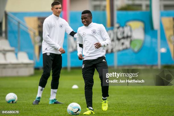 Youssoufa Moukoko of Germany during the warm up for the friendly match between U16 Austria and U16 Germany on September 11, 2017 in Zell am Ziller,...