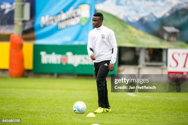 Youssoufa Moukoko of Germany during the warm up for the friendly match between U16 Austria and U16 Germany on September 11, 2017 in Zell am Ziller,...