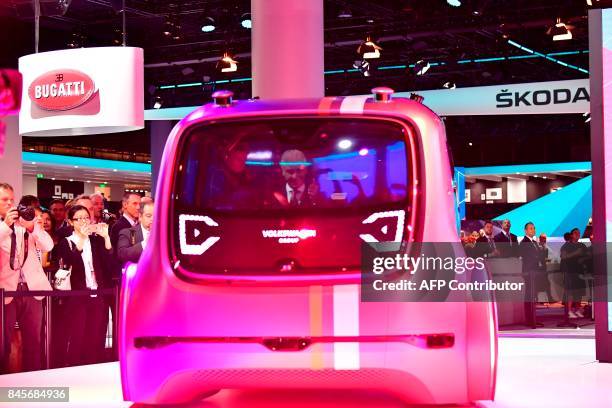 Of German carmaker Volkswagen Matthias Mueller presents Sedric, the group's first autonomous car prototype during a preview night for the media on...
