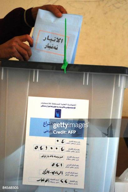 Ballot is dropped into a box during voting in the provincial elections in the western Anbar city of Ramadi, 100 kms from Baghdad on Januray 31 2009....