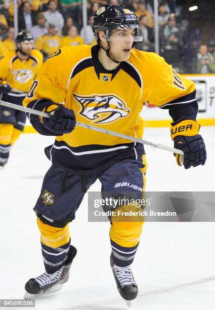 Mike Santorelli of the Nashville Predators plays in the game against the Minnesota Wild at Bridgestone Arena on March 17, 2015 in Nashville,...