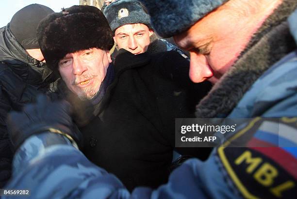 The head of the National Bolshevik Party, Eduard Limonov , is arrested by police officers on January 31, 2009 during an opposition rally in the...