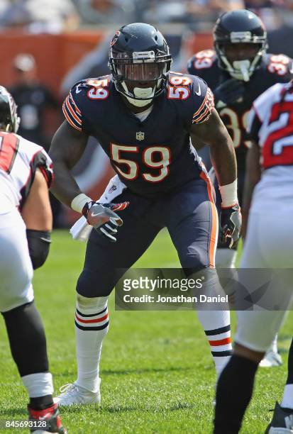Danny Trevathan of the Chicago Bears prepares to rush against the Atlanta Falcons during the season opening game at Soldier Field on September 10,...