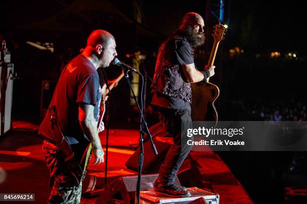 Lars Frederiksen and Tim Armstrong of Rancid performs at Glen Helen Amphitheatre on August 26, 2017 in San Bernardino, California.