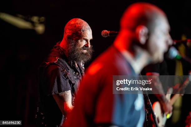 Tim Armstrong and Lars Frederiksen of Rancid performs at Glen Helen Amphitheatre on August 26, 2017 in San Bernardino, California.