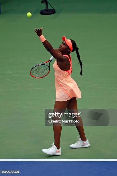 Sloane Stephens of the US serves the ball to compatriot Madison Keys during their 2017 US Open Women's Singles final match at the USTA Billie Jean...