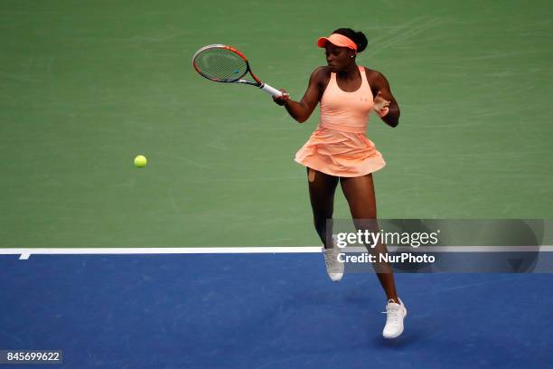 Sloane Stephens of the US returns the ball to compatriot Madison Keys during their 2017 US Open Women's Singles final match at the USTA Billie Jean...