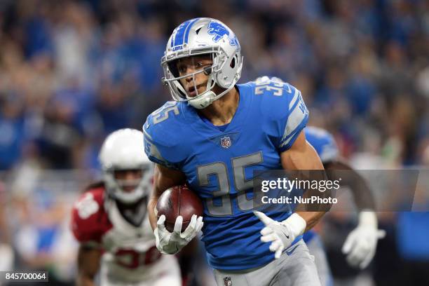 Detroit Lions strong safety Miles Killebrew runs the ball during the second half of an NFL football game against the Arizona Cardinals in Detroit,...