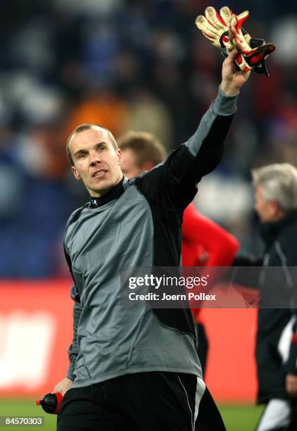 Robert Enke of Hannover celebrates after the Bundesliga match between Hannover 96 and FC Schalke 04 at the AWD Arena on January 31, 2009 in Hanover,...