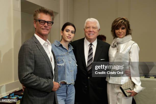 Actor Harry Hamlin, model Amelia Gray Hamlin, designer Dennis Basso, and actress Lisa Rinna backstage at Dennis Basso fashion show during New York...