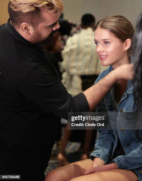 Model prepares backstage for Dennis Basso fashion show during New York Fashion Week: The Shows at The Plaza Hotel on September 11, 2017 in New York...