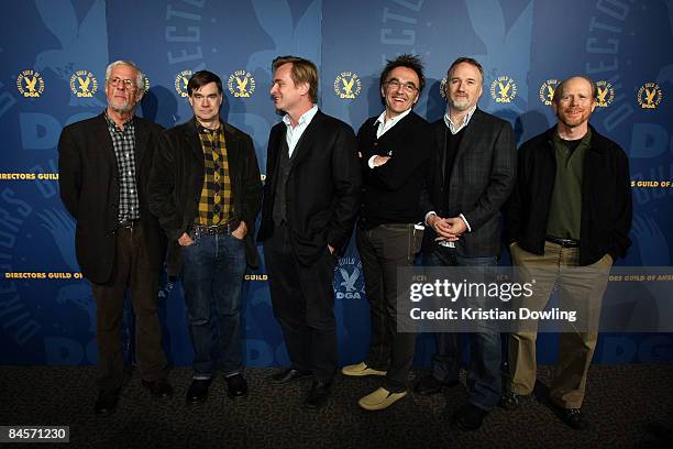 President Michael Apted poses with the nominated Directors Gus Van Sant, Christopher Nolan, Danny Boyle, David Fincher and Ron Howard at the DGA...