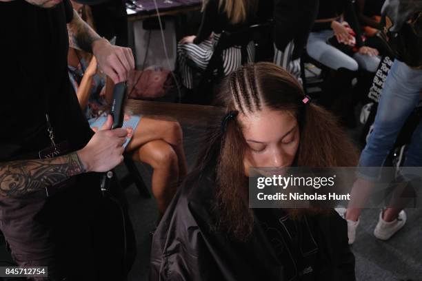 Model prepares backstage for Hakan Akkaya fashion show during New York Fashion Week: The Shows at Gallery 2, Skylight Clarkson Sq on September 11,...