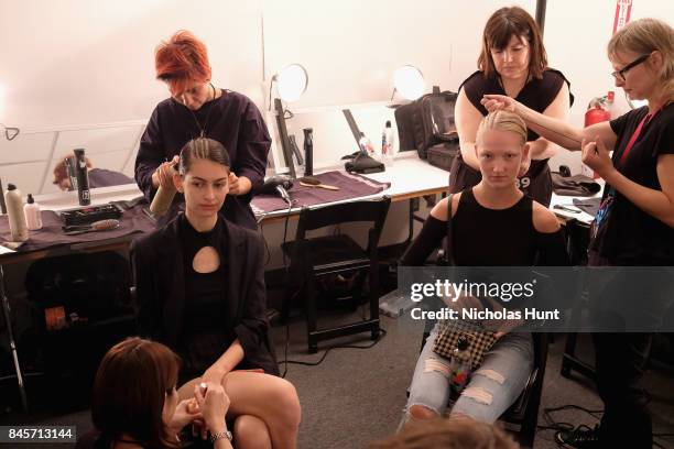 Models prepare backstage for Hakan Akkaya fashion show during New York Fashion Week: The Shows at Gallery 2, Skylight Clarkson Sq on September 11,...