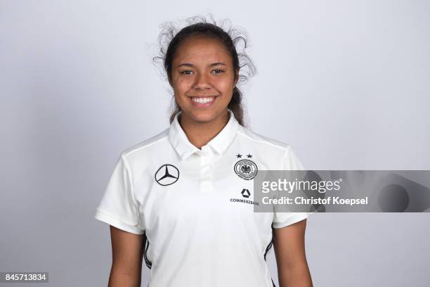 Gia Corley poses during the U16 Germany Girls Team Presentation at Hotel Rheinischer Hof on September 11, 2017 in Dinklage, Germany.
