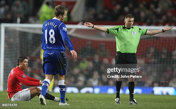 Cristiano Ronaldo of Manchester United appeals to referee Mark Halsey during the Barclays Premier League match between Manchester United and Everton...