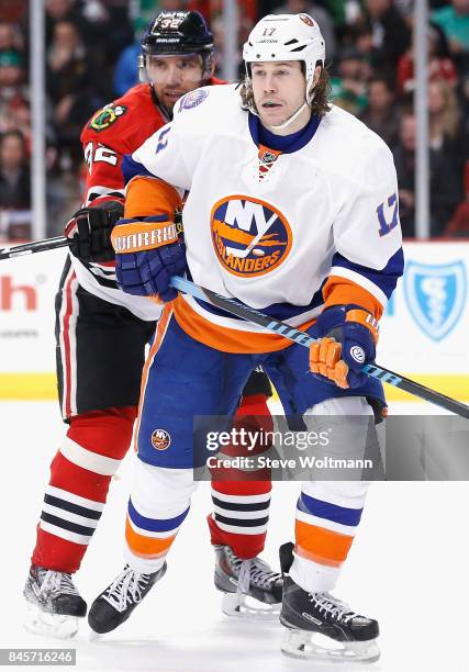 Matt Martin of the New York Islanders plays in the game against the Chicago Blackhawks at the United Center on March 17, 2015 in Chicago, Illinois.