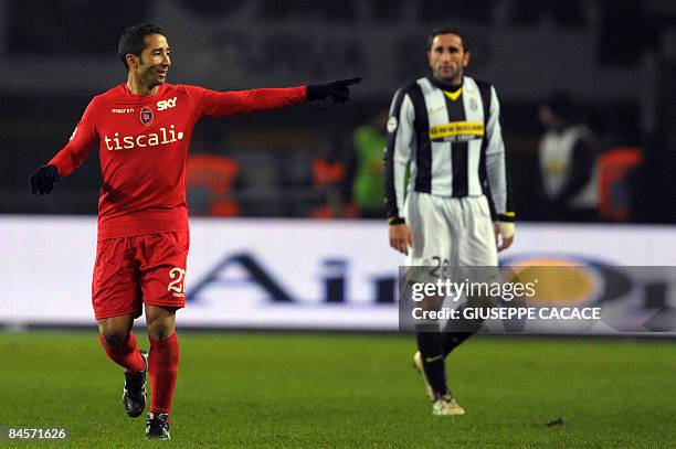 Cagliari's Brazilian forward Jedaias Capucho Nieves celebrates after scoring against Juventus during their Italian Serie A football match on January...