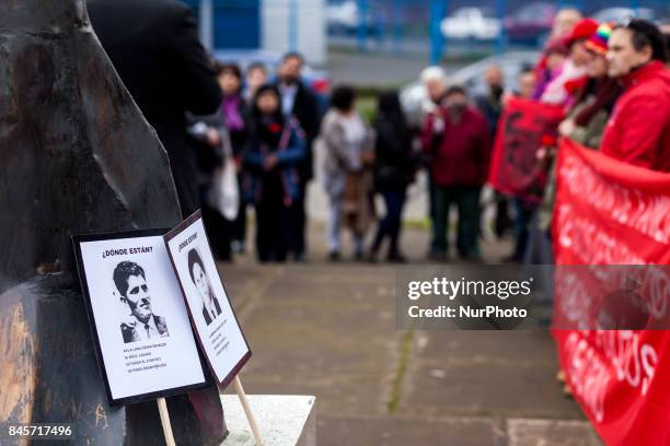 Osorno, Chile. 11 September 2017. Photographs with the faces of disappeared detainees of the military dictatorship. Relatives of the Disappeared,...