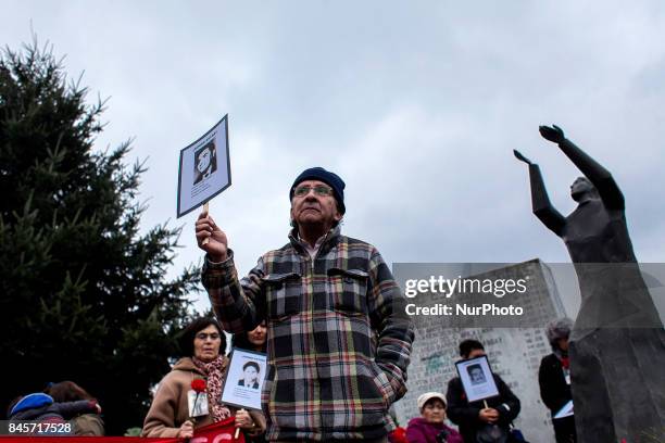 Osorno, Chile. 11 September 2017. Former political prisoner of the military dictatorship speaks at the memorial of the disappeared detainees....