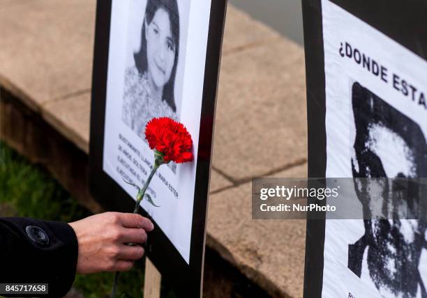 Osorno, Chile. 11 September 2017. Relatives of disappeared detainees with red carnations. Relatives of the Disappeared, former political prisoners,...