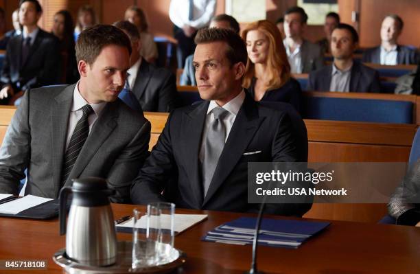 Donna" Episode 710 -- Pictured: Patrick J. Adams as Michael Ross, Gabriel Macht as Harvey Specter --