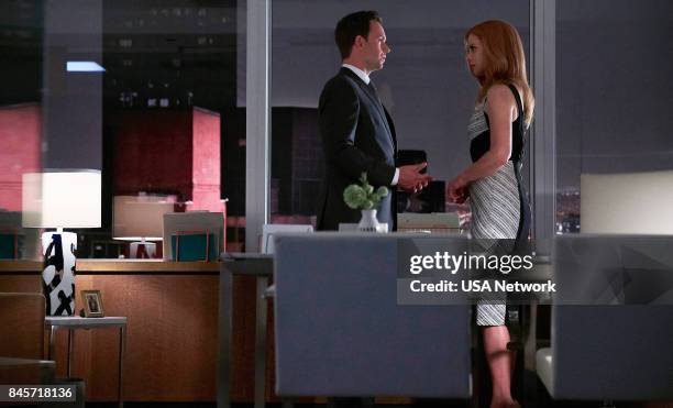 Donna" Episode 710 -- Pictured: Patrick J. Adams as Michael Ross, Sarah Rafferty as Donna Paulsen --