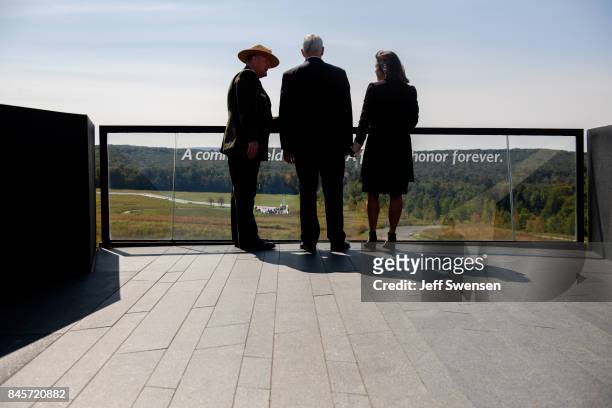 Vice President Mike Pence and his wife, Karen, tour the Flight 93 National Memorial on the 16th Anniversary ceremony of the September 11th terrorist...