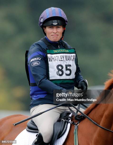 Zara Phillips warms up before competing on her horse 'Drops of Brandy' in the cross country phase of the Whatley Manor Horse Trials at Gatcombe Park...