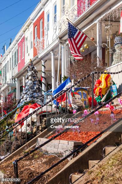 christmas decorations at hampden district - baltimore, md - miracle on 34th street stock pictures, royalty-free photos & images