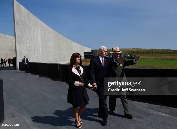 Vice President Mike Pence and his wife, Karen, tour the Flight 93 National Memorial on the 16th Anniversary ceremony of the September 11th terrorist...