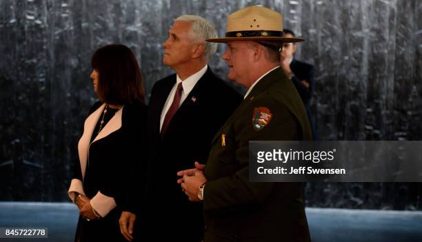 Vice President Mike Pence walks through the displays the Flight 93 National Memorial on the 16th Anniversary ceremony of the September 11th terrorist...