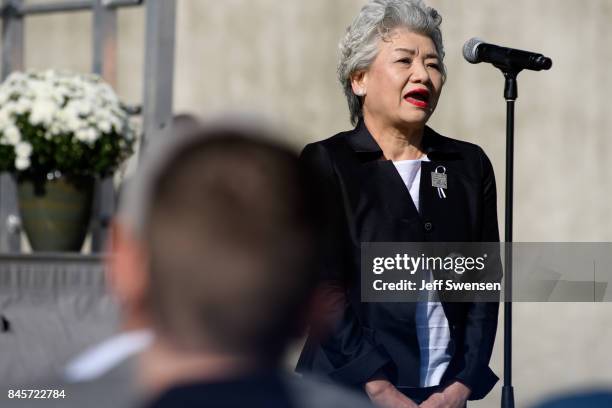 Yachiyo Kuge, the mother of passenger Toshiya Kuge announces his name at the Flight 93 National Memorial on the 16th Anniversary ceremony of the...