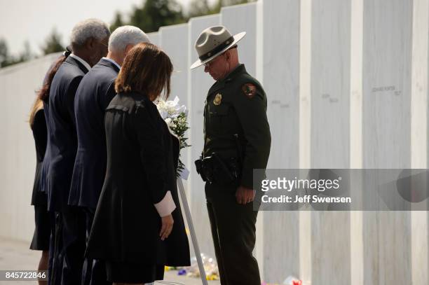 National Park Service Ranger presents a wreath to Vice President Mike Pence and Interior Secretary Ryan Zinke at the Flight 93 National Memorial on...