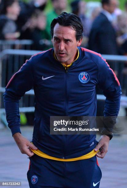 Unai Emery head coach of PSG arrives prior to a Paris Saint-Germain press conference ahead of the UEFA Champions League Group B match against Celtic...