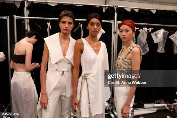 Models pose backstage for John Paul Ataker fashion show during New York Fashion Week: The Shows at Gallery 1, Skylight Clarkson Sq on September 11,...