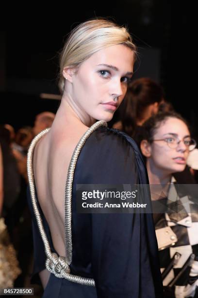 Model poses backstage for John Paul Ataker fashion show during New York Fashion Week: The Shows at Gallery 1, Skylight Clarkson Sq on September 11,...
