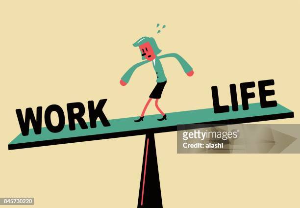 businesswoman standing on seesaw, work life balance - fish out of water stock illustrations