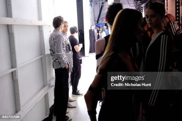 Model prepares backstage for Hakan Akkaya fashion show during New York Fashion Week: The Shows at Gallery 2, Skylight Clarkson Sq on September 11,...