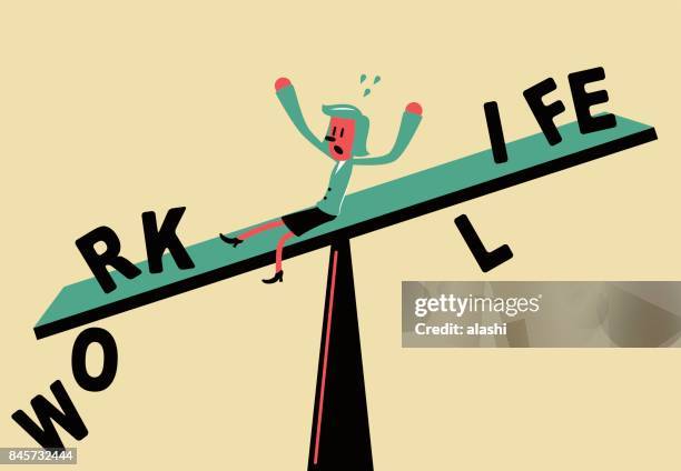 businesswoman falling from a seesaw, work life imbalance - seesaw stock illustrations
